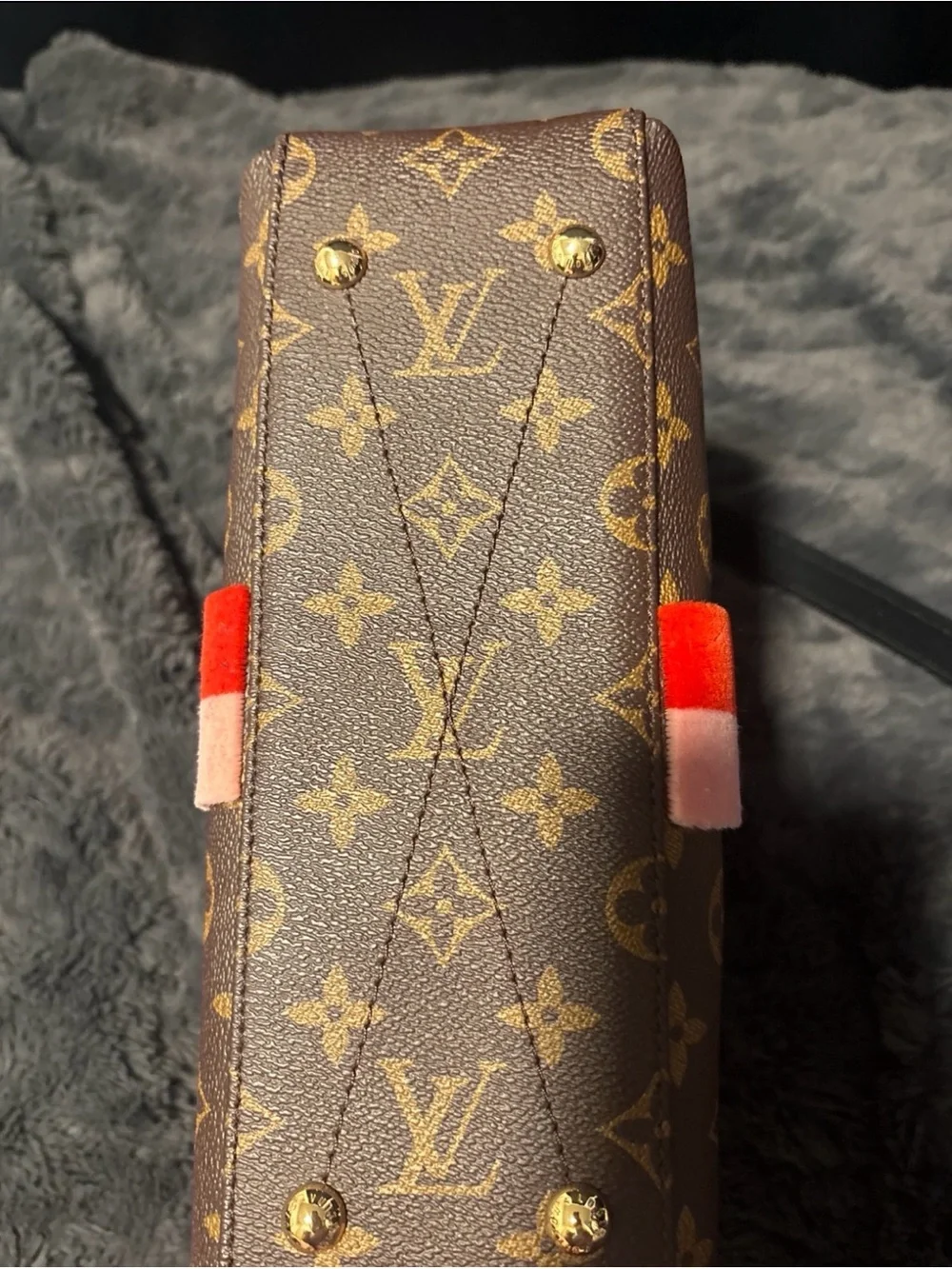 Louis Vuitton Brown Monogram Satchel with Red and Pink Center Stripe